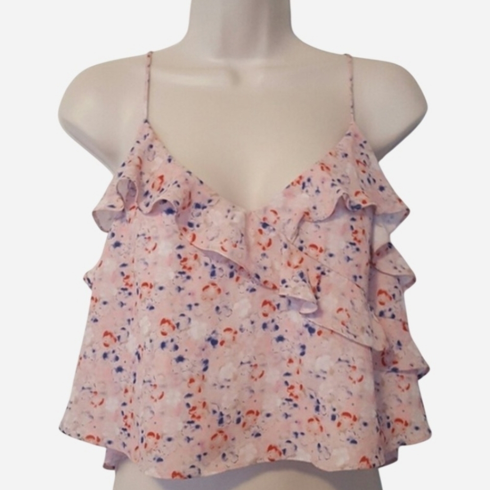 Abstract Floral Print Crop Top with Ruffles